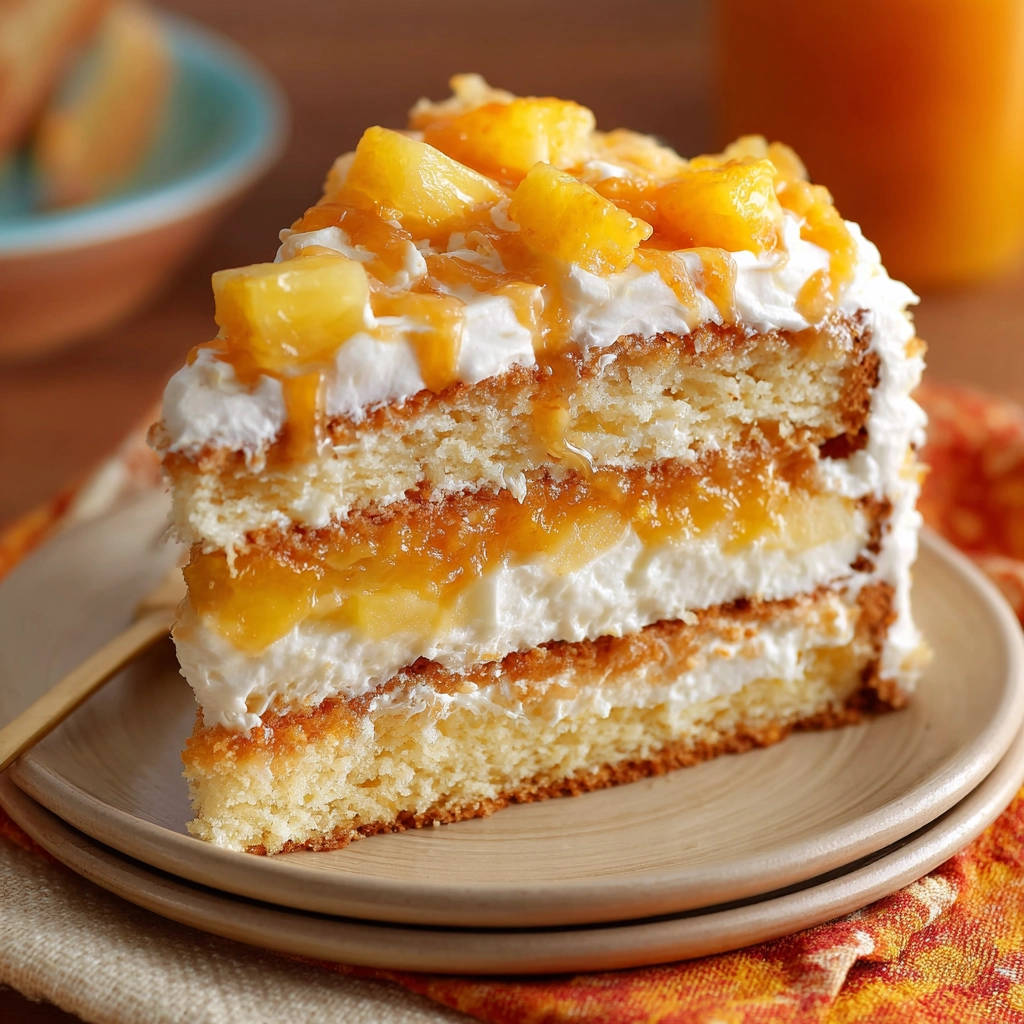 Ananas-Schichtkuchen angeschnitten auf einem Teller, mit Sahne und Ananasstückchen garniert