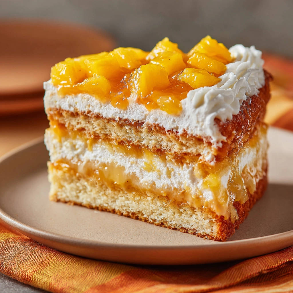 Ananas-Schichtkuchen als angeschnittener Kuchen auf einem Teller, mit Schichten von Biskuit, Sahne und Ananasfrucht.