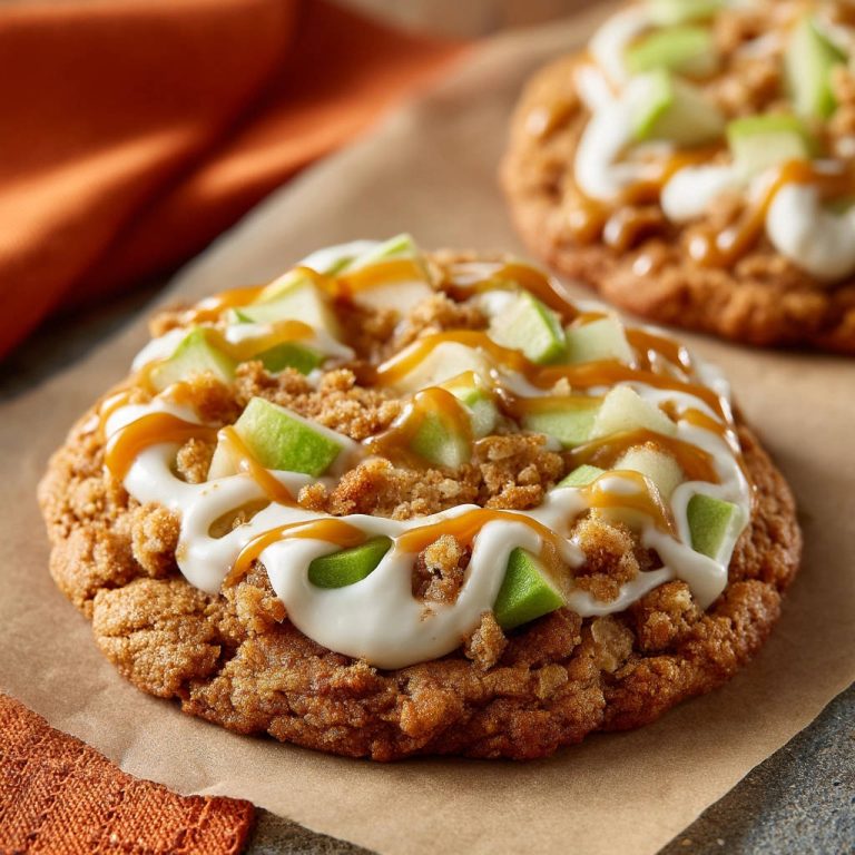 Apfel-Streusel-Cookies mit Karamell, garniert mit frischen Apfelstücken und Zuckerguss