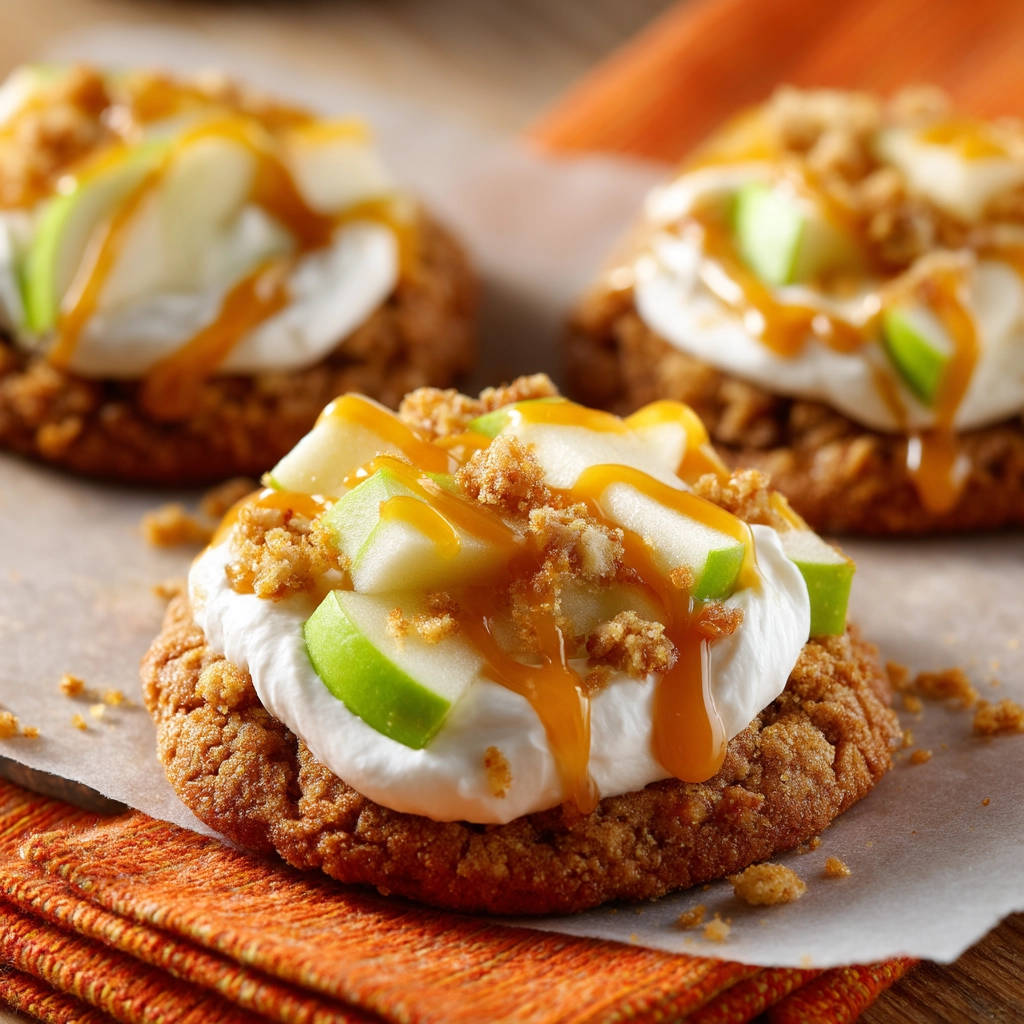 Apfel-Streusel-Cookies mit Karamell, eine Nahaufnahme der dekorierten Kekse mit Apfelstücken und Karamellsauce.