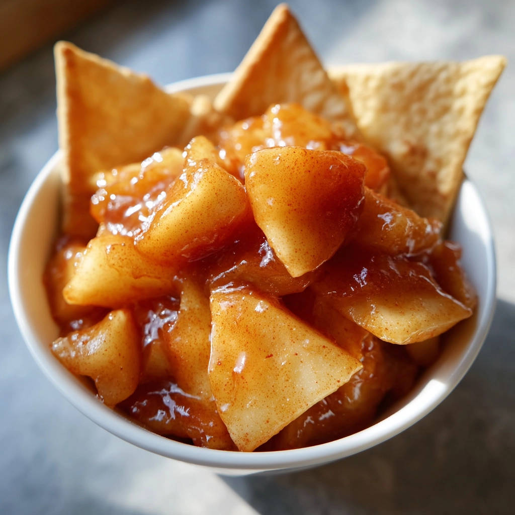 Apfelkompott mit Zimt-Chips, stückig und sämig, in einer weißen Schüssel mit Nahaufnahme der Textur und Zimt-Chips.