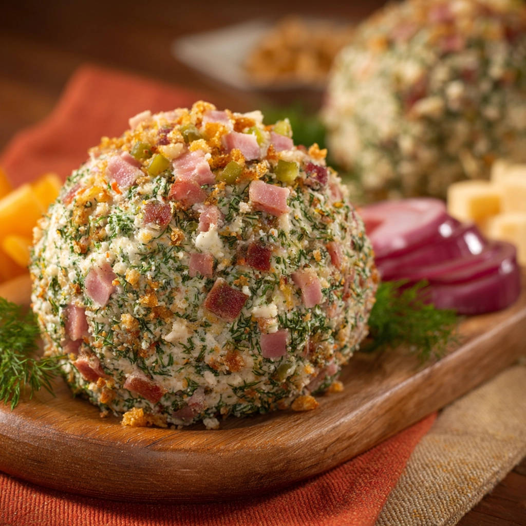 Aromatischer Käseball, detailreich garniert mit Speckwürfeln, Kräutern und knusprigen Bröseln auf einem Holzbrett.