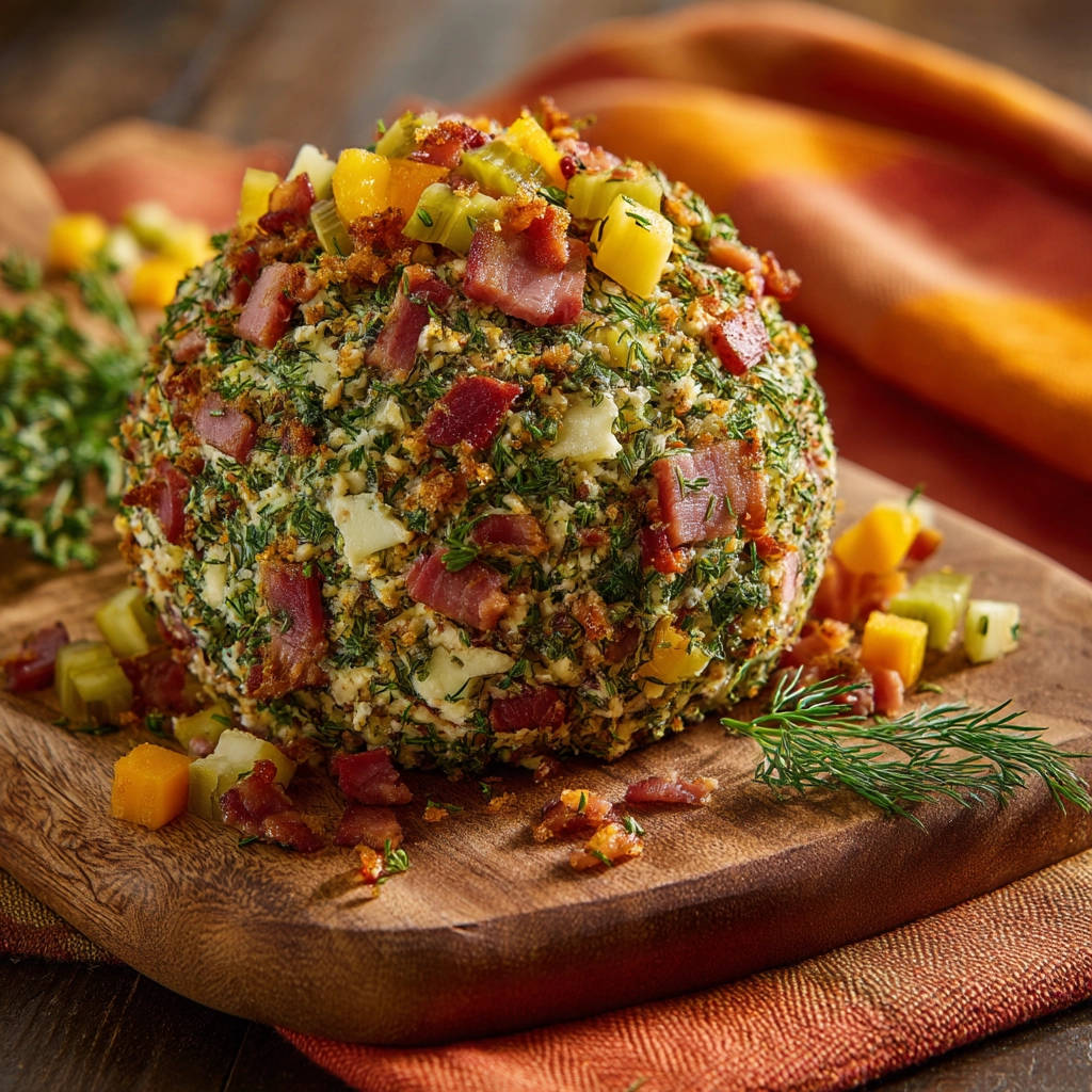 Aromatischer Käseball, garniert mit Speck, Kräutern und gewürfeltem Gemüse auf einem Holzbrett.