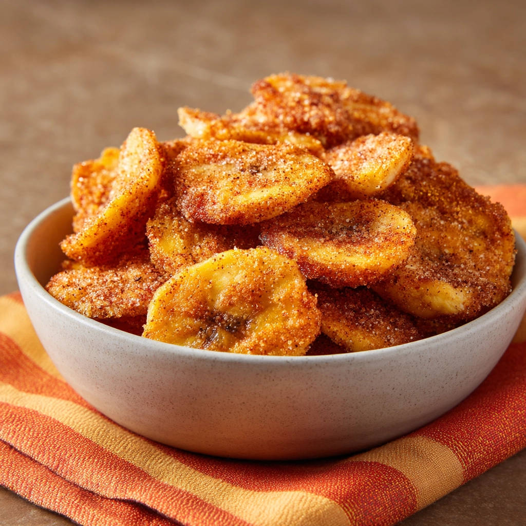 Bananenchips selber machen im Detail mit Zimt und Zucker bestreut, ein knuspriger Snack im Schälchen