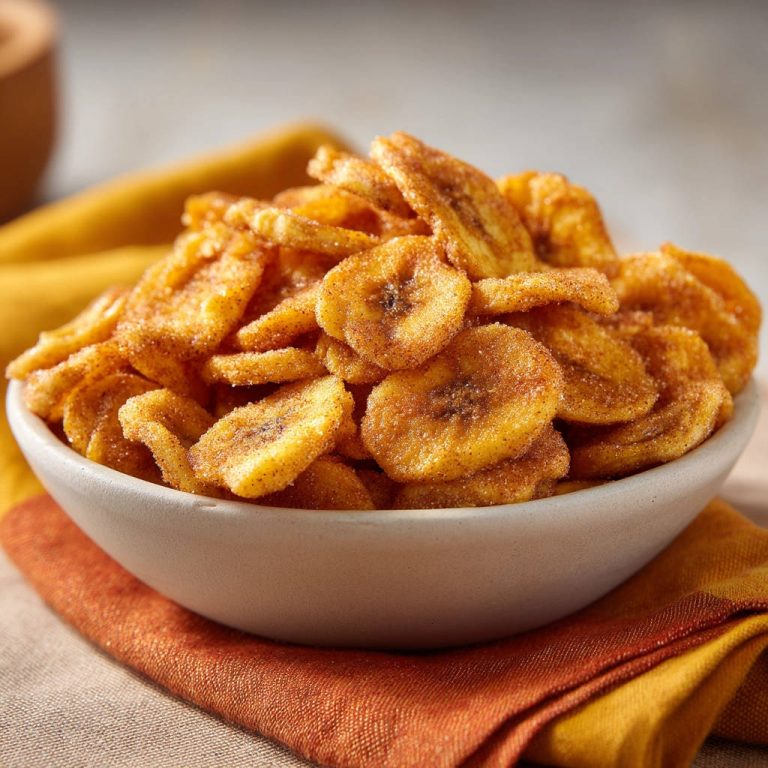 Bananenchips im Napf, nahaufnahme von knusprigen, zimtbestäubten Bananenchips, die in einer Schüssel serviert werden.