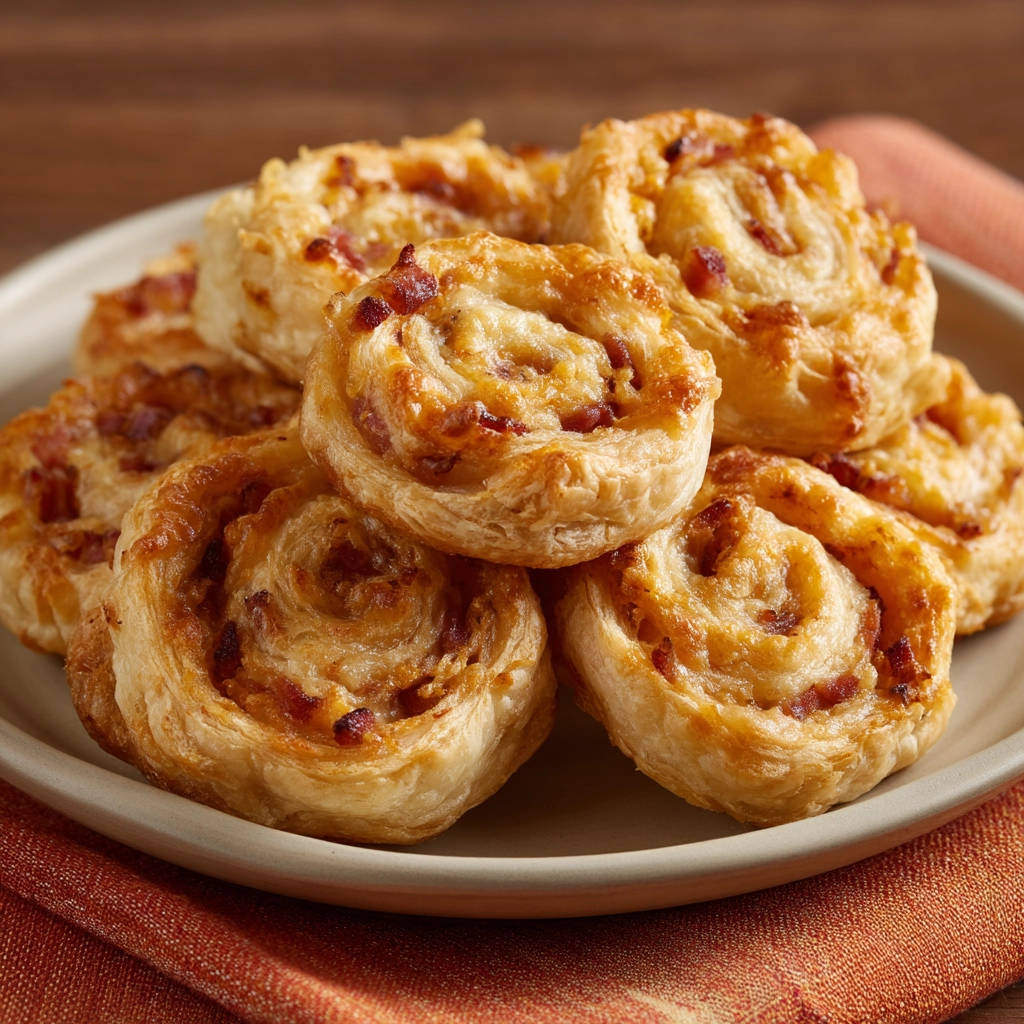 Blätterteig-Schnecken mit Schinken und Käse, nahaufnahme der gebackenen Teigschnecken auf einem Teller
