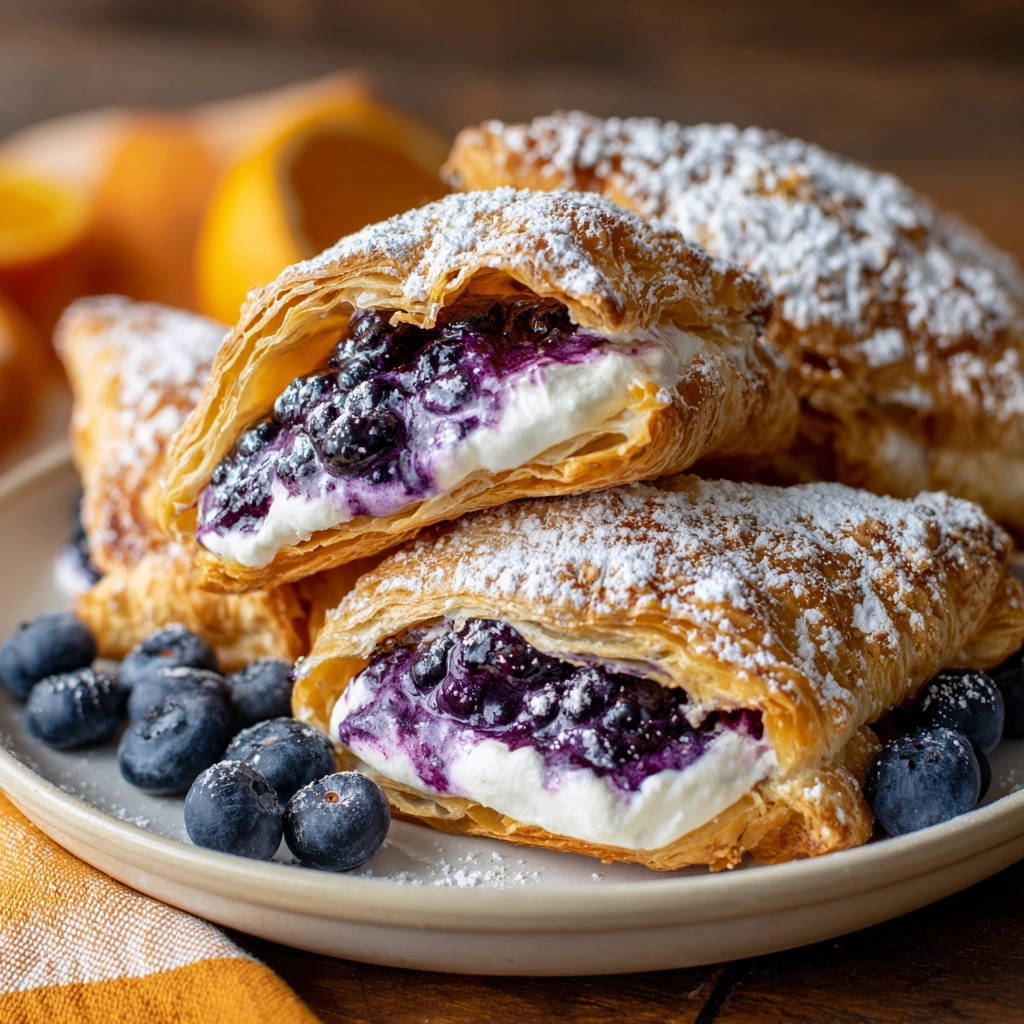 Blätterteig-Taschen mit Heidelbeeren und Frischkäse, Nahaufnahme des aufgeschnittenen Gebäcks mit cremigem Frischkäse und Blaubeeren