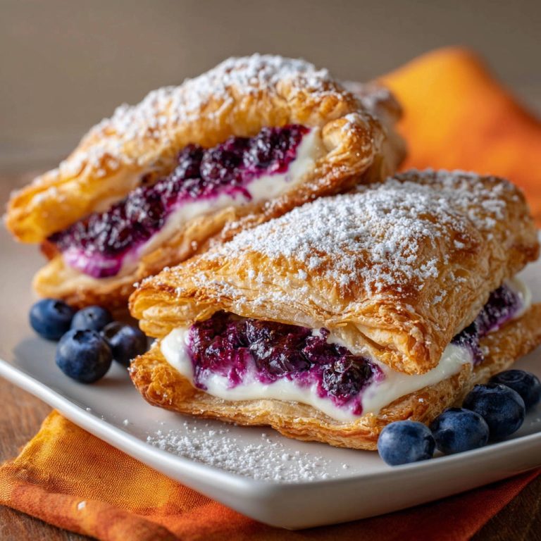 Blätterteig-Taschen mit Heidelbeeren und Frischkäse im Anschnitt mit Puderzucker bestäubt und frischen Beeren garniert.