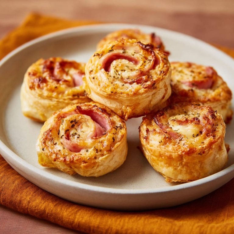 Blätterteig-Schnecken mit Schinken und Käse als Nahaufnahme auf einem Teller serviert.