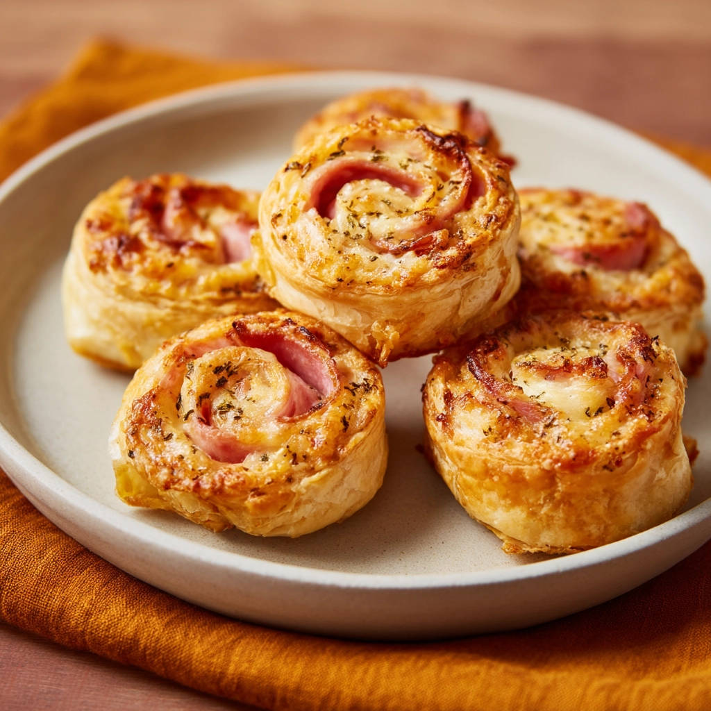 Blätterteig-Schnecken mit Schinken und Käse als Nahaufnahme auf einem Teller serviert.