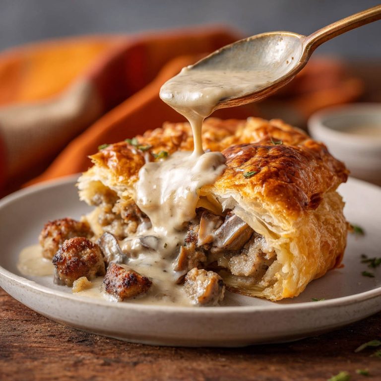 Blätterteigpastete mit Pilz-Hack-Füllung, die mit cremiger Sauce übergossen wird.
