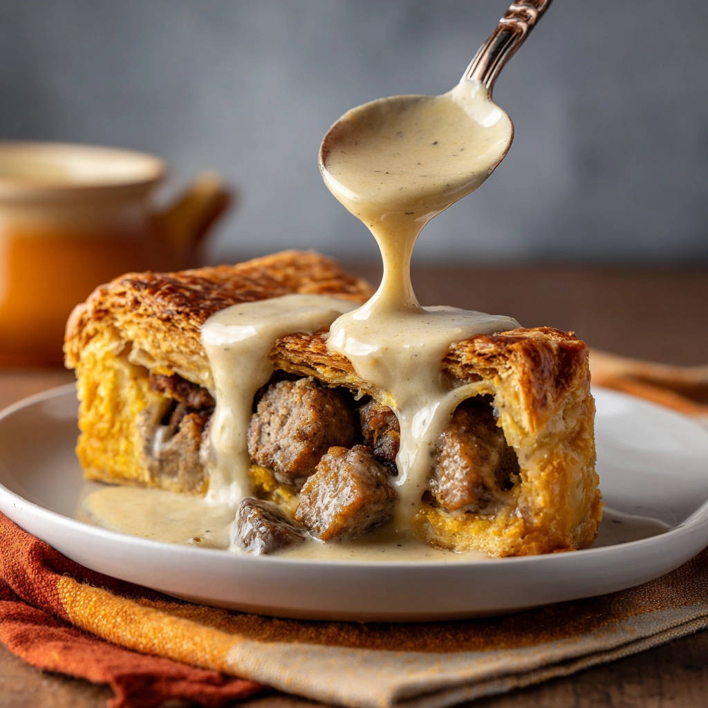 Blätterteigpastete mit Pilz-Hack-Füllung, die mit einer cremigen Sauce übergossen wird.