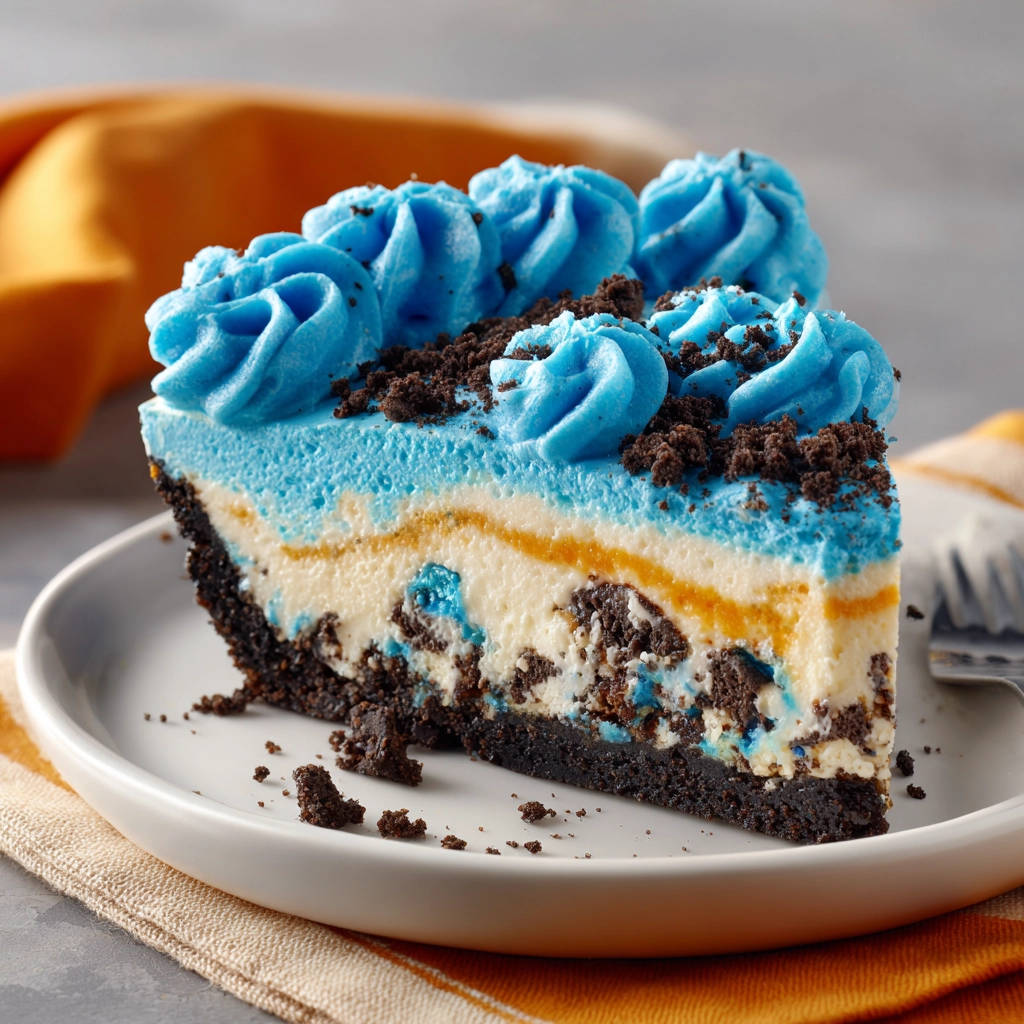Blauer Oreo Cheesecake angeschnitten auf einem Teller mit blauer Creme und Oreo-Krümeln, Nahaufnahme des Kuchens.