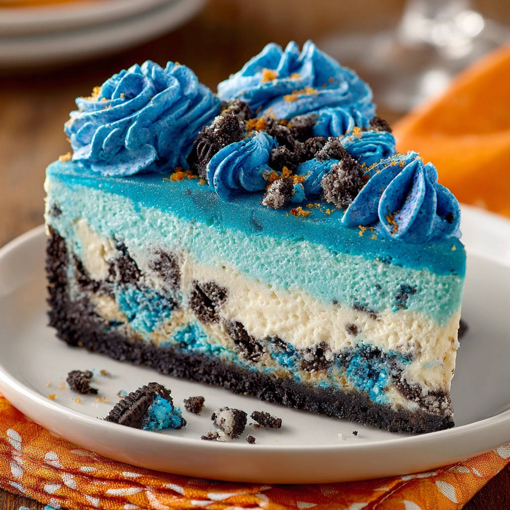 Blauer Oreo Cheesecake als angeschnittene Portion mit blauer Creme und Oreo-Krümeln auf einem weißen Teller