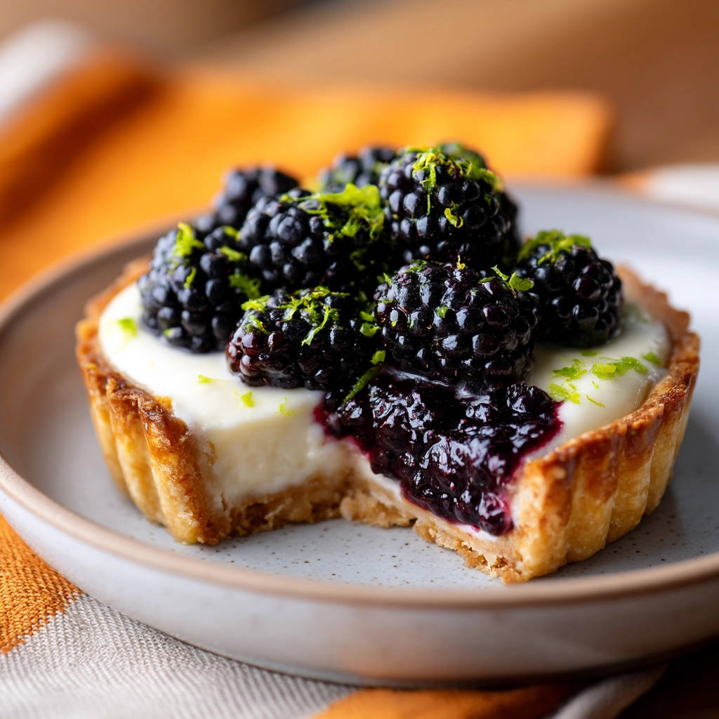 Brombeer-Limetten-Tarte angeschnitten mit frischen Beeren und Limettenabrieb auf einem Teller