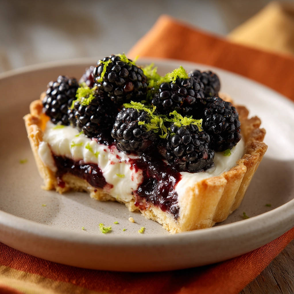 Brombeer-Limetten-Tarte angeschnitten auf einem Teller, mit frischen Brombeeren und Limettenzesten garniert.