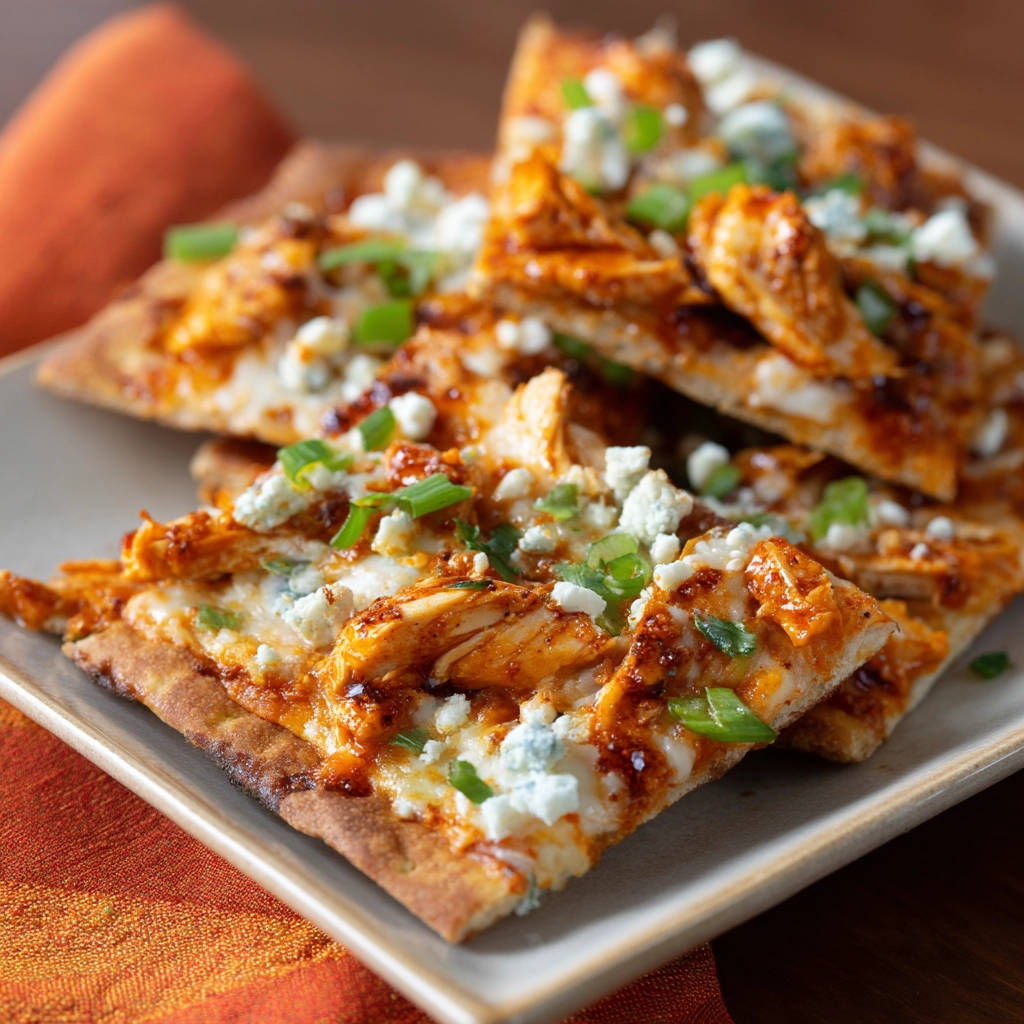 Buffalo Chicken Pizza mit zerbröckeltem Blauschimmelkäse und Frühlingszwiebeln auf einem knusprigen Boden.