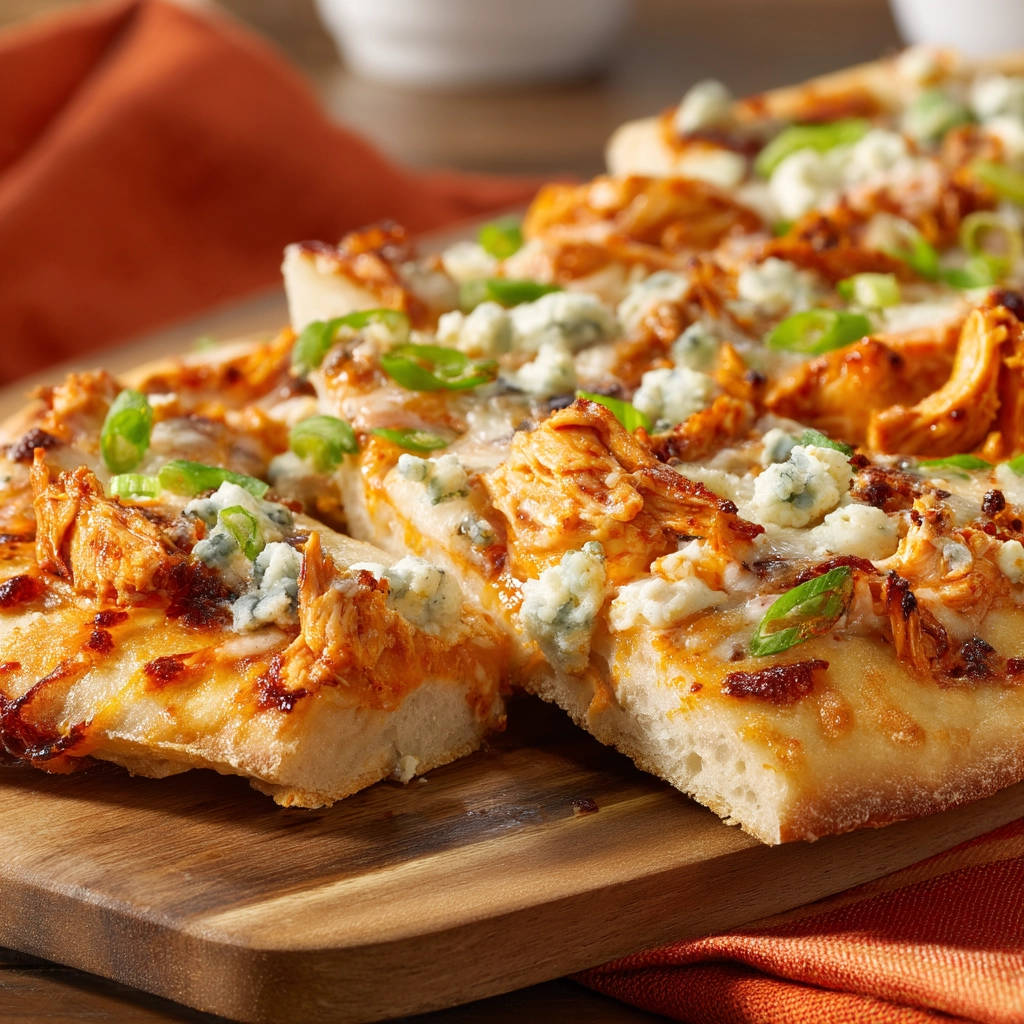 Buffalo Chicken Pizza angeschnitten auf einem Holzbrett mit Blauschimmelkäse und Frühlingszwiebeln, knuspriger Boden sichtbar