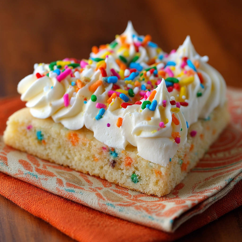 Bunte Streusel-Kekse mit cremiger Glasur, Nahaufnahme der dekorierten Oberfläche mit bunten Streuseln und Tupfen aus Buttercreme auf einem Keks.