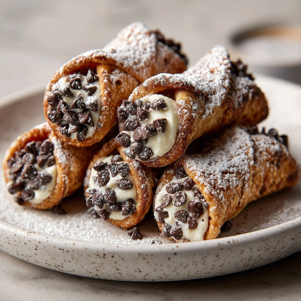 Cannoli Klassiker als detailreiche Nahaufnahme, mit Puderzucker bestäubt und gefüllt mit Schokoladenstückchen.
