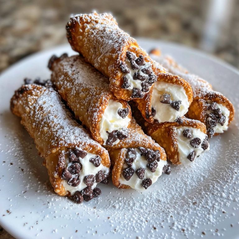Cannoli Klassiker mit Puderzucker und Schokostückchen, Nahaufnahme der gefüllten Gebäckröllchen auf einem Teller