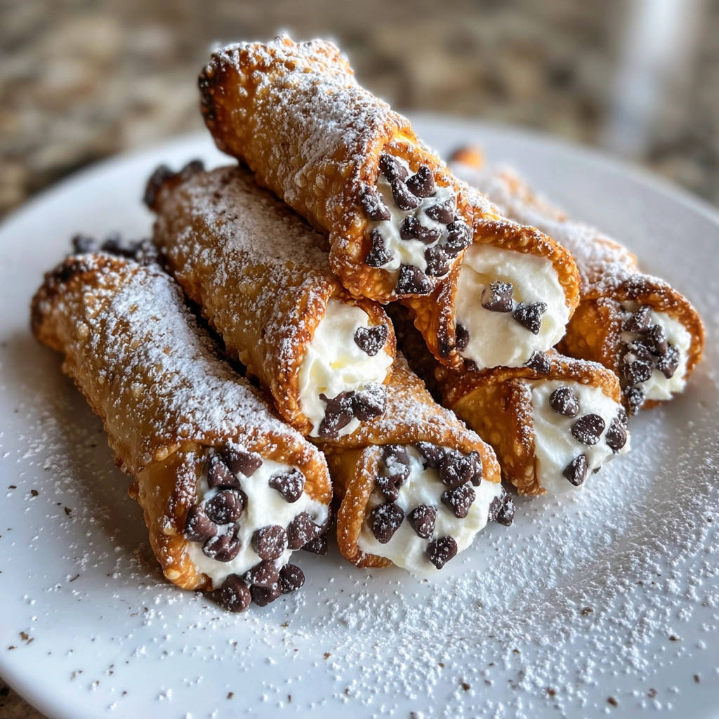 Cannoli Klassiker mit Puderzucker und Schokostückchen, Nahaufnahme der gefüllten Gebäckröllchen auf einem Teller