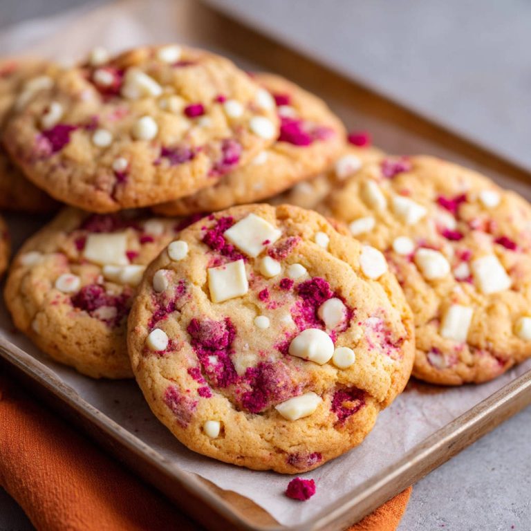 Cookies mit weißer Schokolade und Himbeeren, eine Nahaufnahme mit sichtbaren weißen Schokoladenstückchen und Himbeerstückchen.