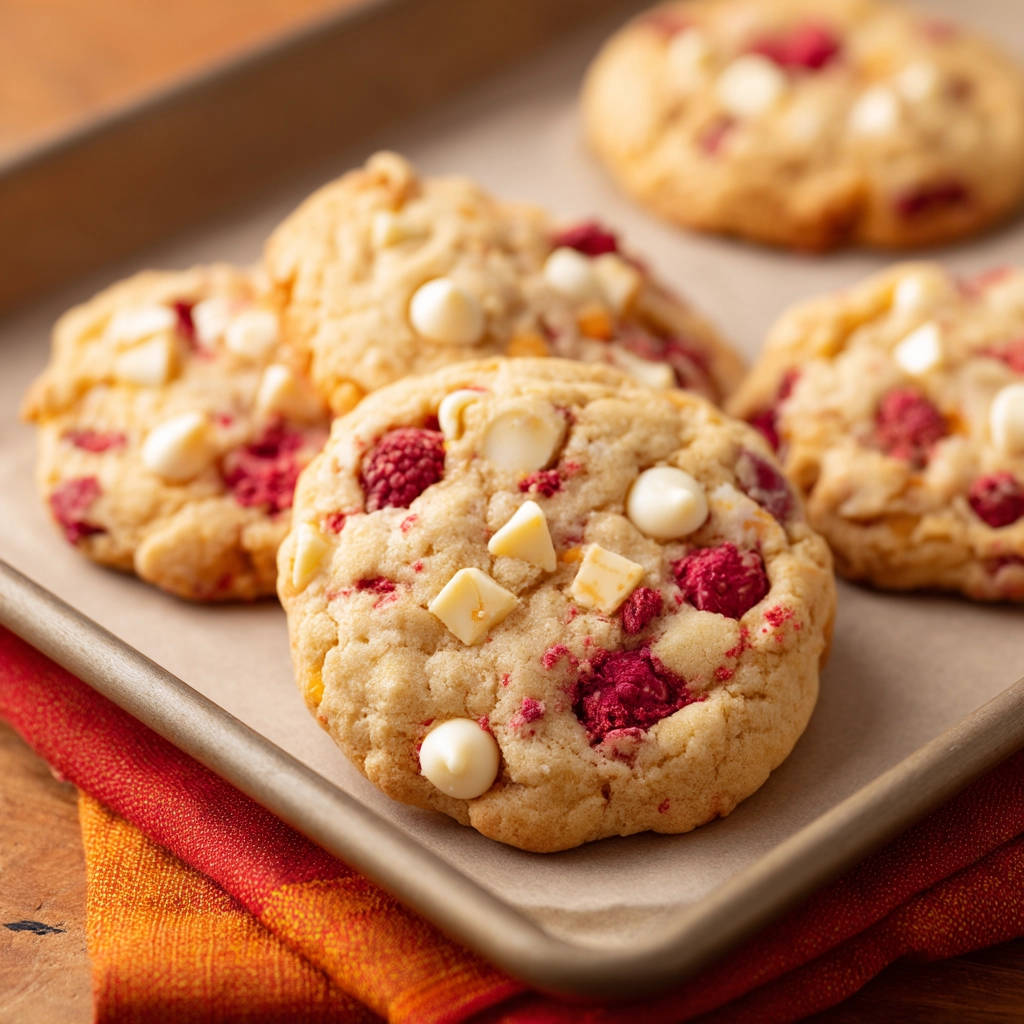 Cookies mit weißer Schokolade und Himbeeren, frisch gebacken auf einem Backblech mit vielen weißen Schokoladenstückchen und roten Himbeeren.