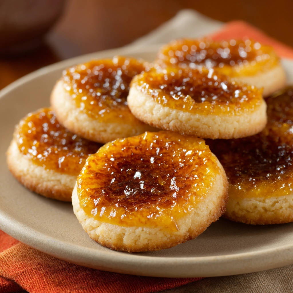 Crème brûlée Kekse mit karamellisierter Zuckerkruste als Nahaufnahme auf einem Teller serviert.