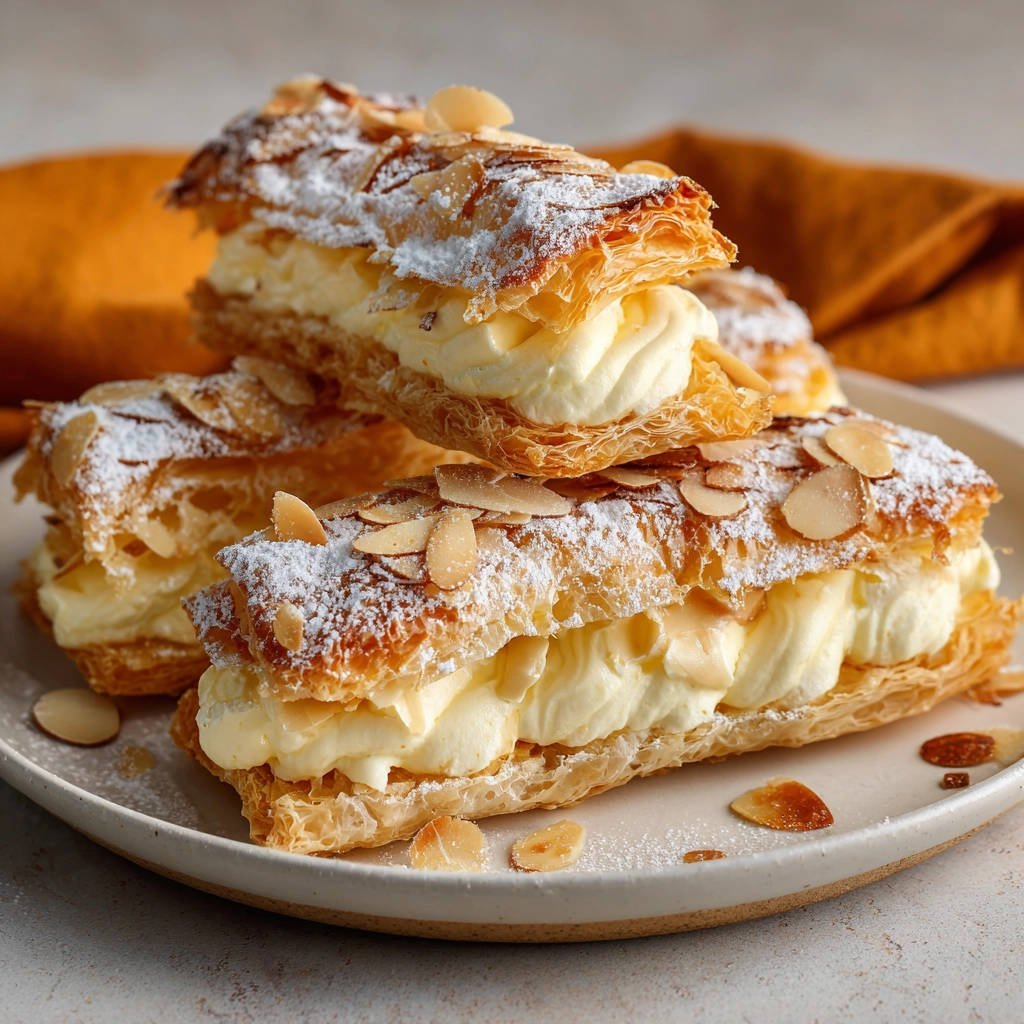 Cremeschnitten wie vom Konditor, nahaufnahme von gestapelten Tortenstücken mit Buttercreme und Mandelsplittern, bestäubt mit Puderzucker.