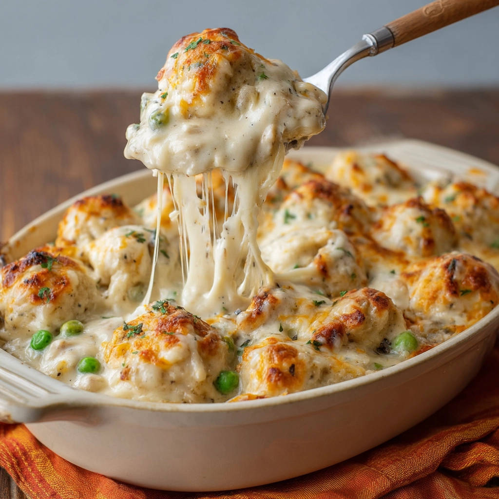 Cremiger Gnocchi-Erbsen-Auflauf mit geschmolzenem Käse, der beim Anheben vom Löffel zieht