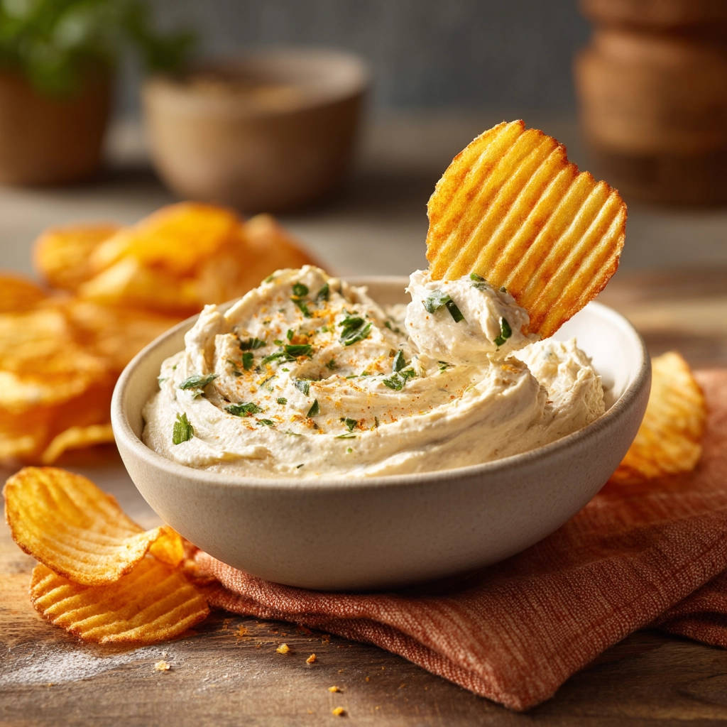 Cremiger Spinat-Kräuter-Dip, bei dem ein Kartoffelchip in die leckere Creme getunkt wird.