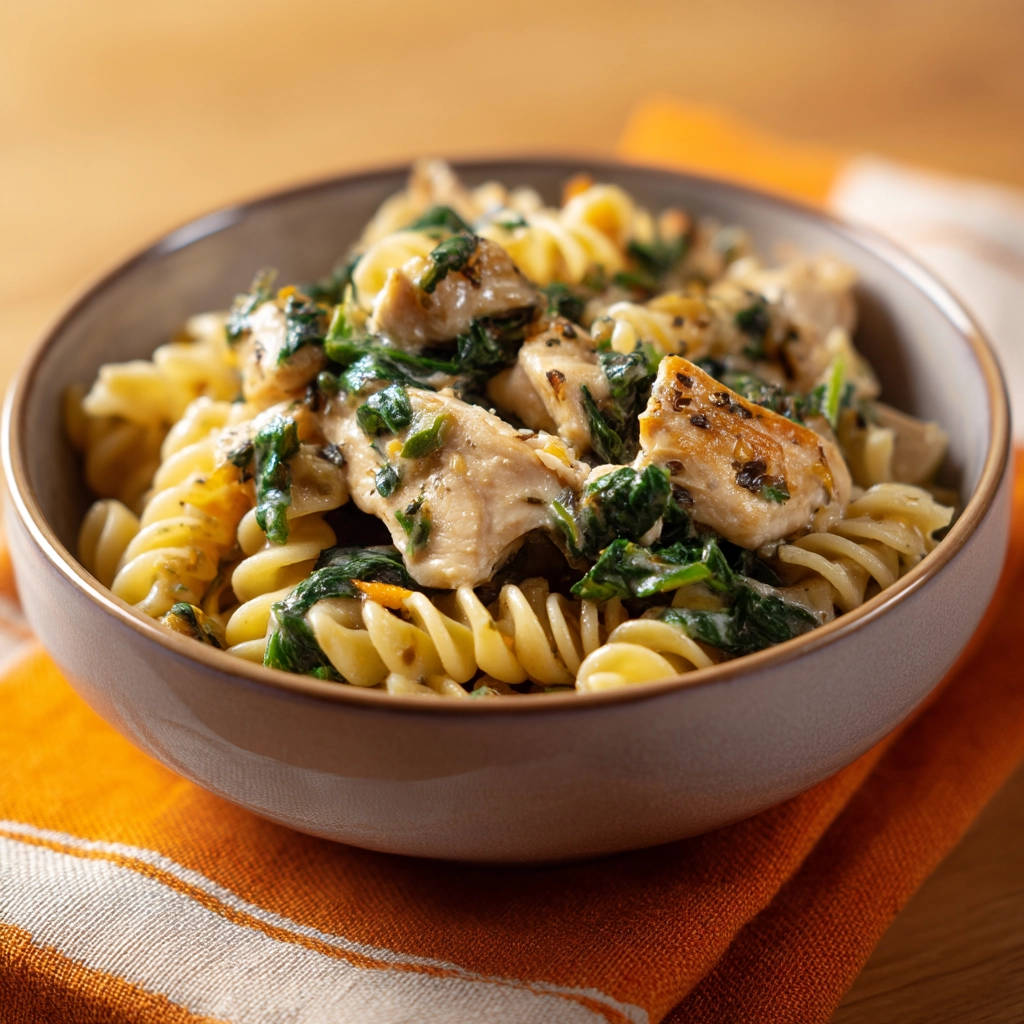 Cremige Hähnchen-Spinat-Pasta als Nahaufnahme in einer Schüssel mit Fusilli-Nudeln und cremigem Hähnchen-Spinat-Topping.
