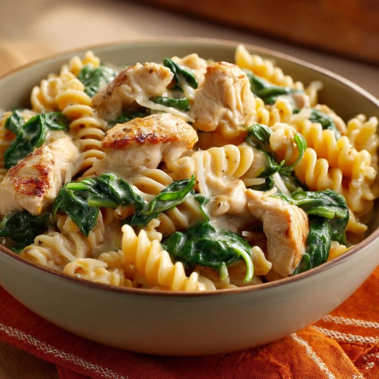 Cremige Hähnchen-Spinat-Pasta, eine Nahaufnahme einer Schüssel mit fusilli, Hähnchenstücken und Spinat in einer cremigen Sauce.
