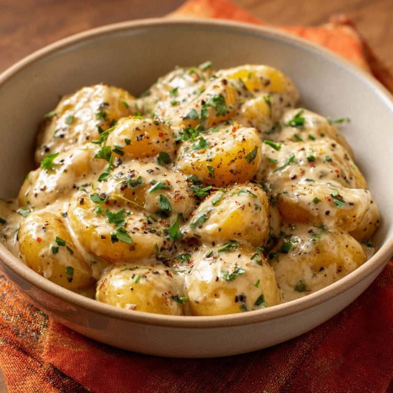Cremige Kartoffeln in Kräutersauce als Nahaufnahme in einer Schüssel, garniert mit frischen Kräutern und Pfeffer.