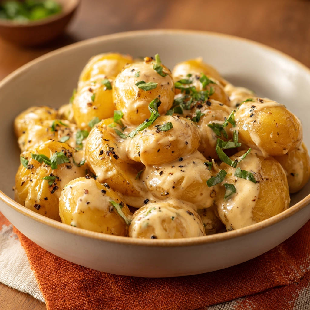 Cremige Kartoffeln in Kräutersauce, nah aufgenommen mit frischer Kräuter- und Pfefferkörnergarnitur
