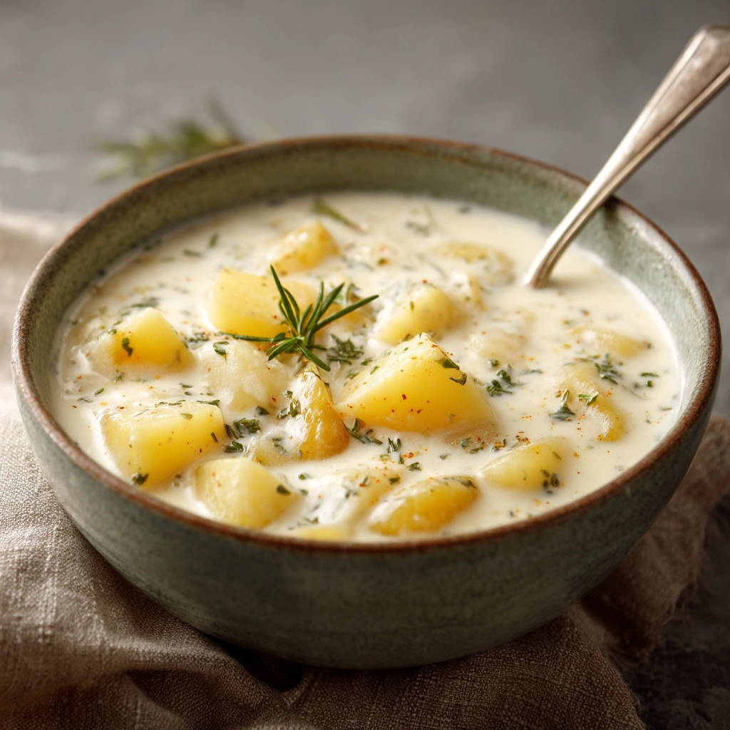 Cremige Kartoffelsuppe mit Kartoffelstücken und Kräutern, detailnah in einer Schüssel mit einem Löffel serviert.