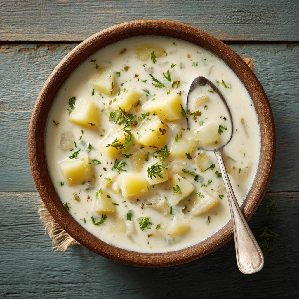 Cremige Kartoffelsuppe draufsicht mit einem Löffel, serviert in einer Holzschale, mit frischen Kräutern garniert.