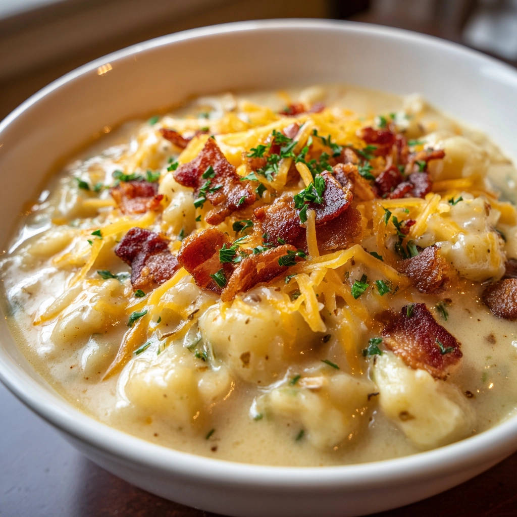 Cremige Kartoffelsuppe mit Speck und Käse, garniert mit frischer Petersilie und serviert in einer weißen Schüssel.