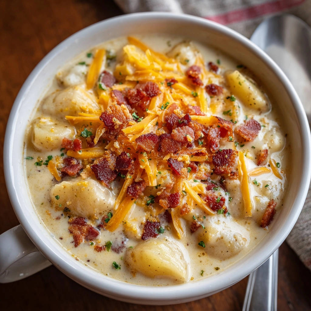 Cremige Kartoffelsuppe mit Speck und Käse, nah aufgenommen und großzügig mit Käse und Speck garniert, auf einem Holztisch serviert.
