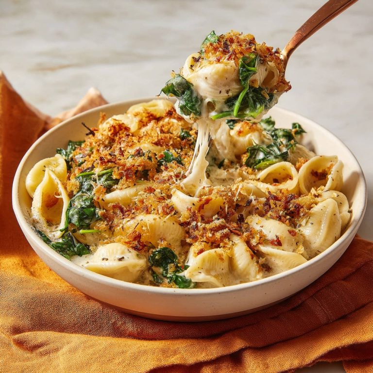 Cremige Muschelnudeln mit Spinat und Knusper-Topping auf einem Löffel, mit geschmolzenem Käse herausgezogen.