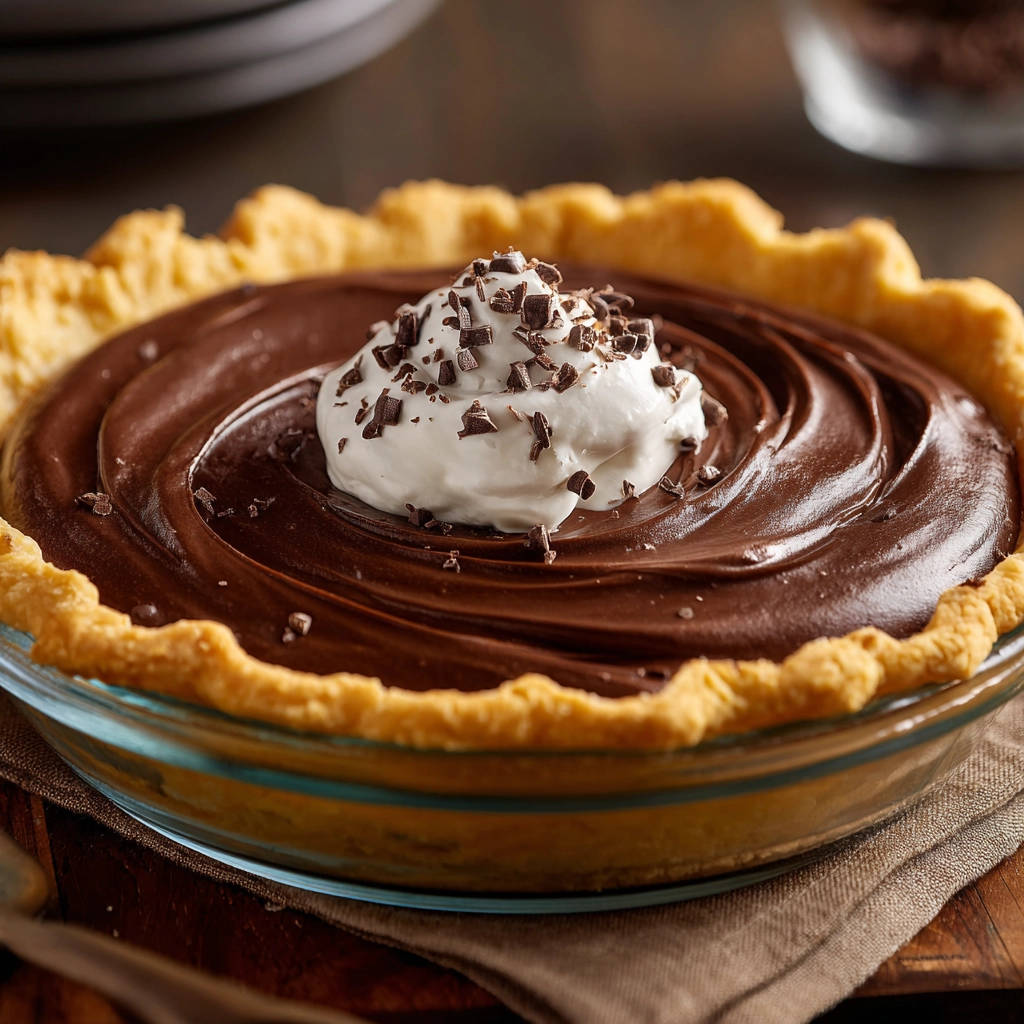Cremige Schokoladen-Tarte, garniert mit einer Sahnetuffe und Schokoladenraspeln, aus der Nähe betrachtet.