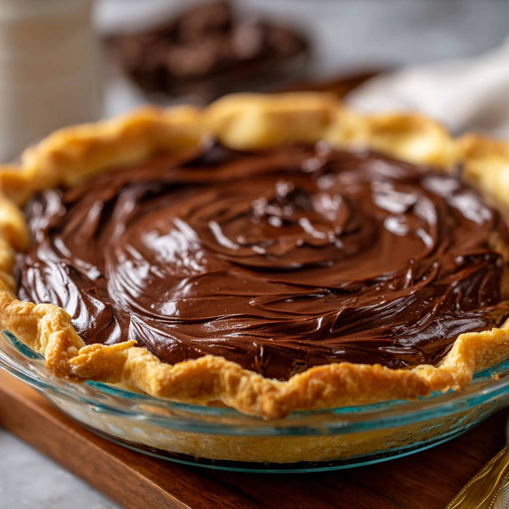 Cremige Schokoladen-Tarte mit glänzender, wirbelnder Füllung in einer Glasform, Nahaufnahme