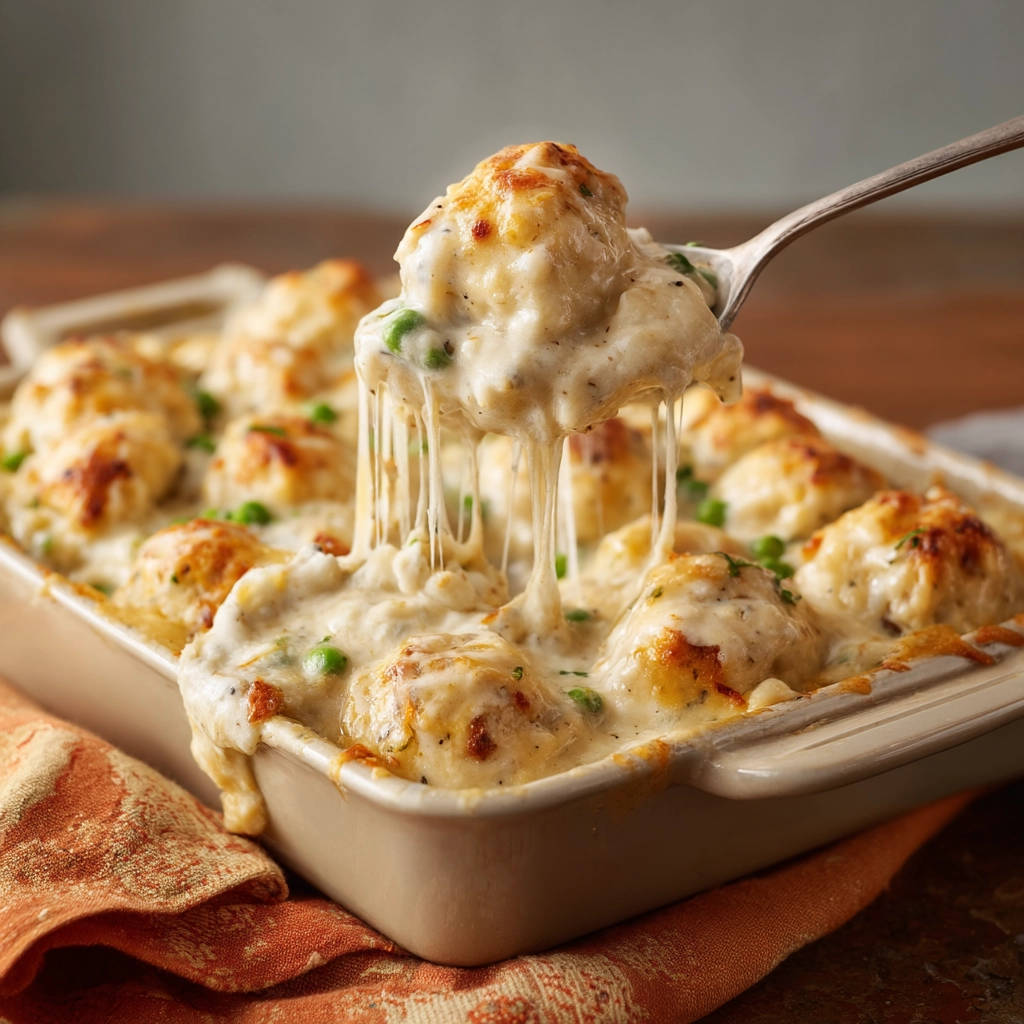 Cremiger Gnocchi-Erbsen-Auflauf mit geschmolzenem Käse, auf einem Löffel herausgehoben, Nahaufnahme der cremigen Textur.