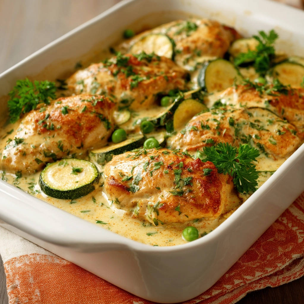 Cremiges Hähnchen mit Zucchini und Erbsen, eine Nahaufnahme der saftigen Hähnchenbrust in cremiger Sauce mit garnierenden Kräutern.