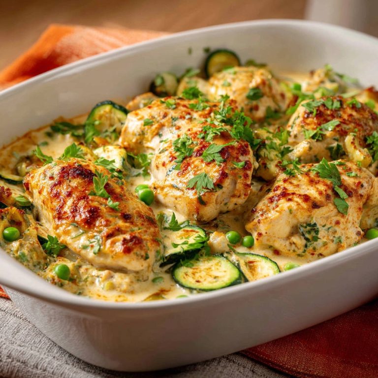 Cremiges Hähnchen mit Zucchini und Erbsen in einer Auflaufform, nahaufnahme der saftigen Hähnchenbrust und des Gemüses.
