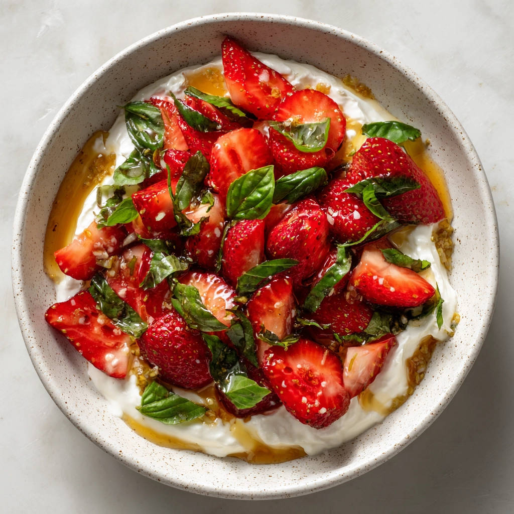 Erdbeer-Basilikum Joghurt Bowl von oben in einer Schüssel mit frischen Erdbeeren und Basilikumblättern garniert.