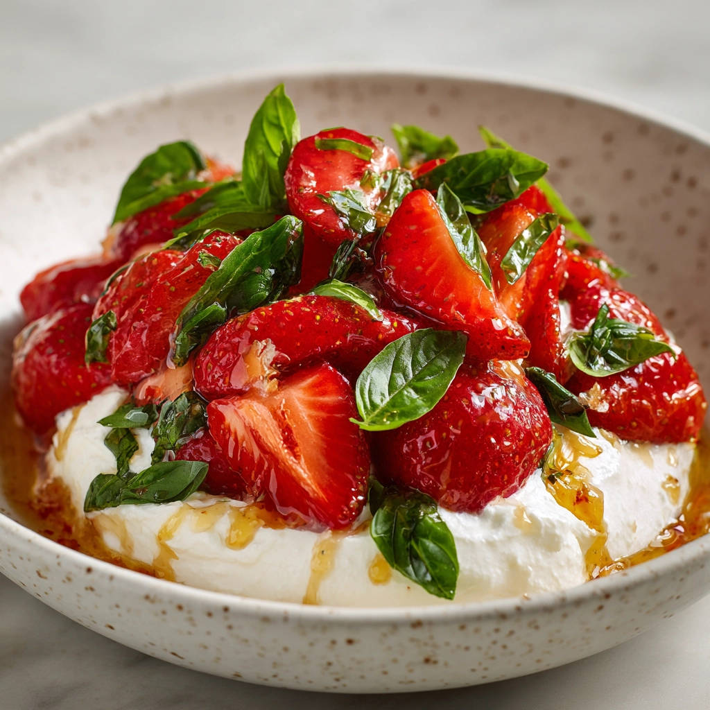 Erdbeer-Basilikum Joghurt Bowl als Nahaufnahme mit frischen Erdbeeren, Basilikum und Joghurt, beträufelt mit Honig.