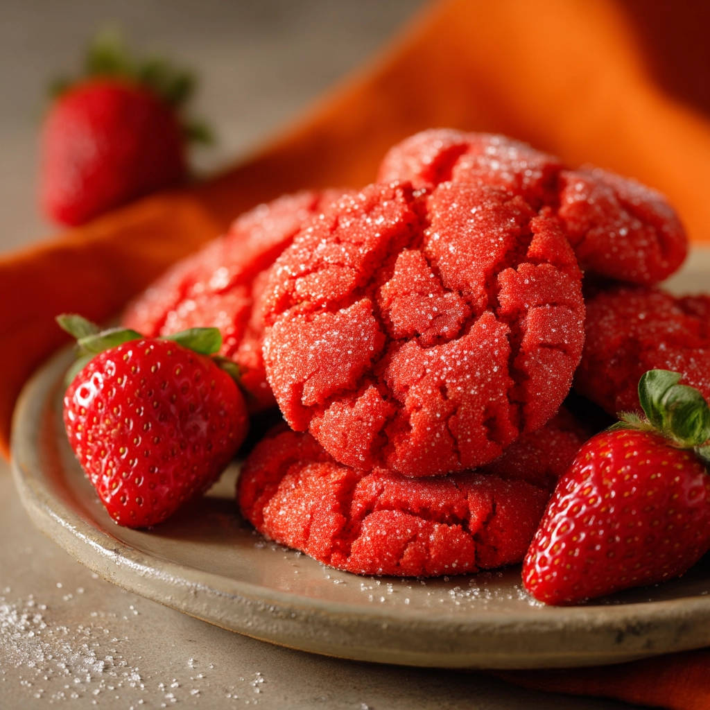 Erdbeer-Crinkle-Kekse nah aufgenommen auf einem Teller mit frischen Erdbeeren und Puderzucker bestäubt.