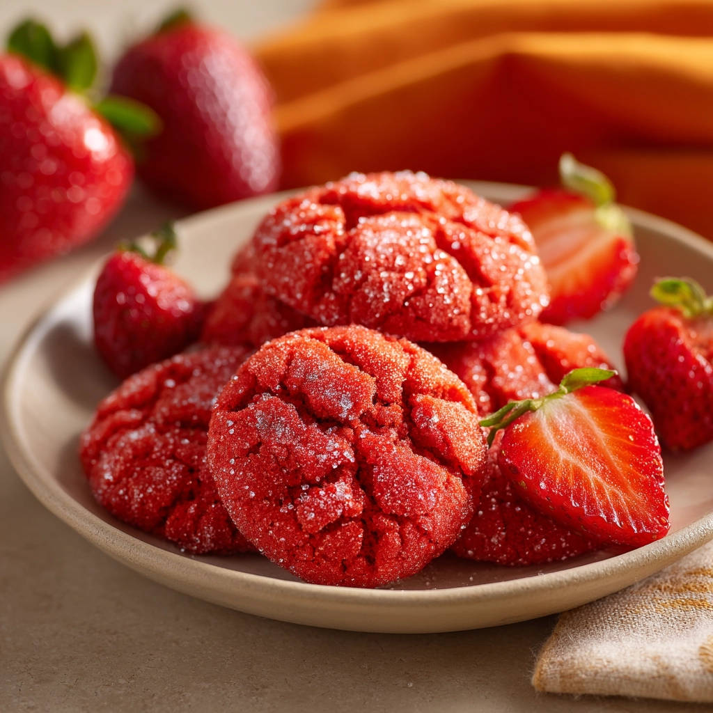 Erdbeer-Crinkle-Kekse auf einem Teller mit frischen Erdbeeren, nahaufnahme des zuckrigen Aussehens